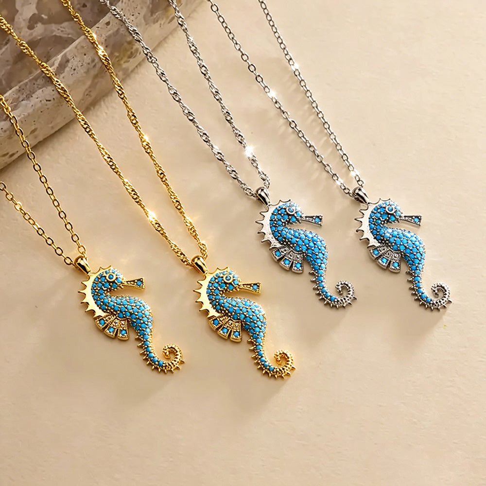 Gold Dainty Sea Horse Pave Necklace, Unique Sea Horse Necklace, Beach Necklace, Ocean Sea Animal Necklace, Christmas Gift, Gift for her