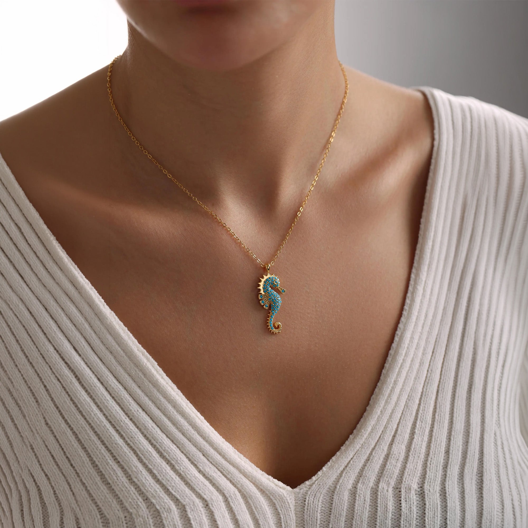 Gold Dainty Sea Horse Pave Necklace, Unique Sea Horse Necklace, Beach Necklace, Ocean Sea Animal Necklace, Christmas Gift, Gift for her