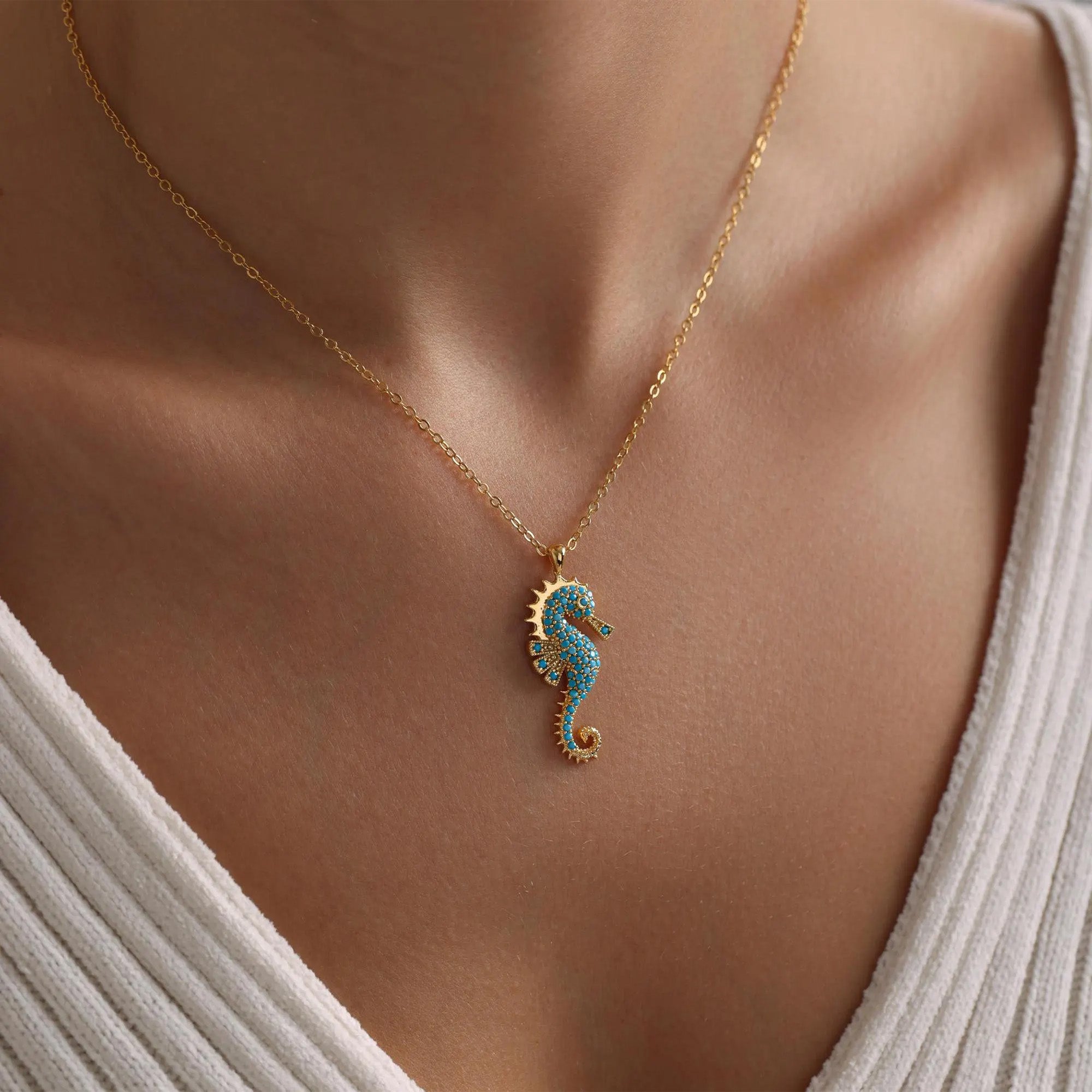 Gold Dainty Sea Horse Pave Necklace, Unique Sea Horse Necklace, Beach Necklace, Ocean Sea Animal Necklace, Christmas Gift, Gift for her
