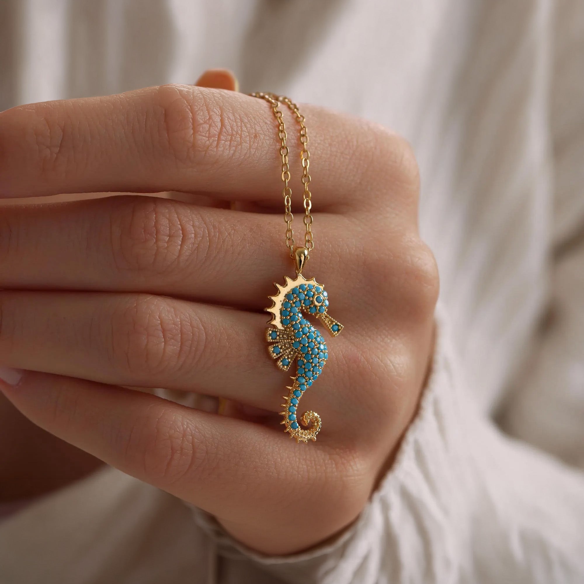 Gold Dainty Sea Horse Pave Necklace, Unique Sea Horse Necklace, Beach Necklace, Ocean Sea Animal Necklace, Christmas Gift, Gift for her