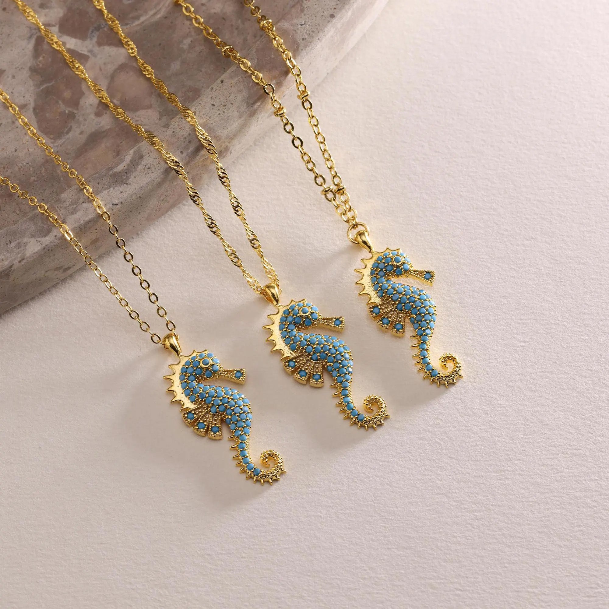 Gold Dainty Sea Horse Pave Necklace, Unique Sea Horse Necklace, Beach Necklace, Ocean Sea Animal Necklace, Christmas Gift, Gift for her